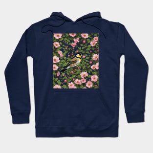 An Eastern Goldfinch Amongst Pink Colored Wild Roses Hoodie